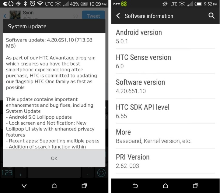 Lollipop update for Sprint HTC One M8