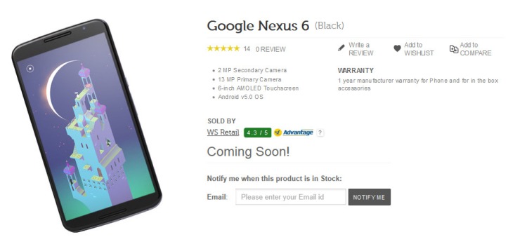 Google Nexus 6 at Flipkart